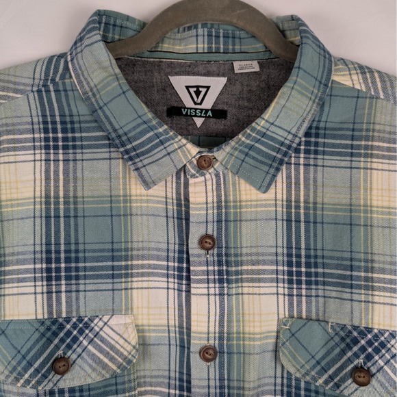 Vissla Mens XL Flannel Shirt Blue Plaid Long Sleeve Button Down Organic Cotton - Picture 1 of 8